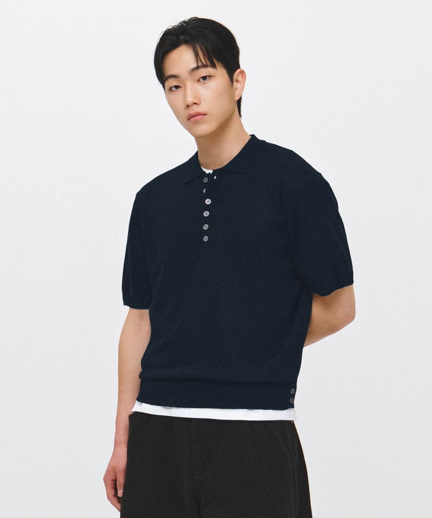 ECORR Linen Henley Neck Collar Crop Short Sleeve Knit_Navy