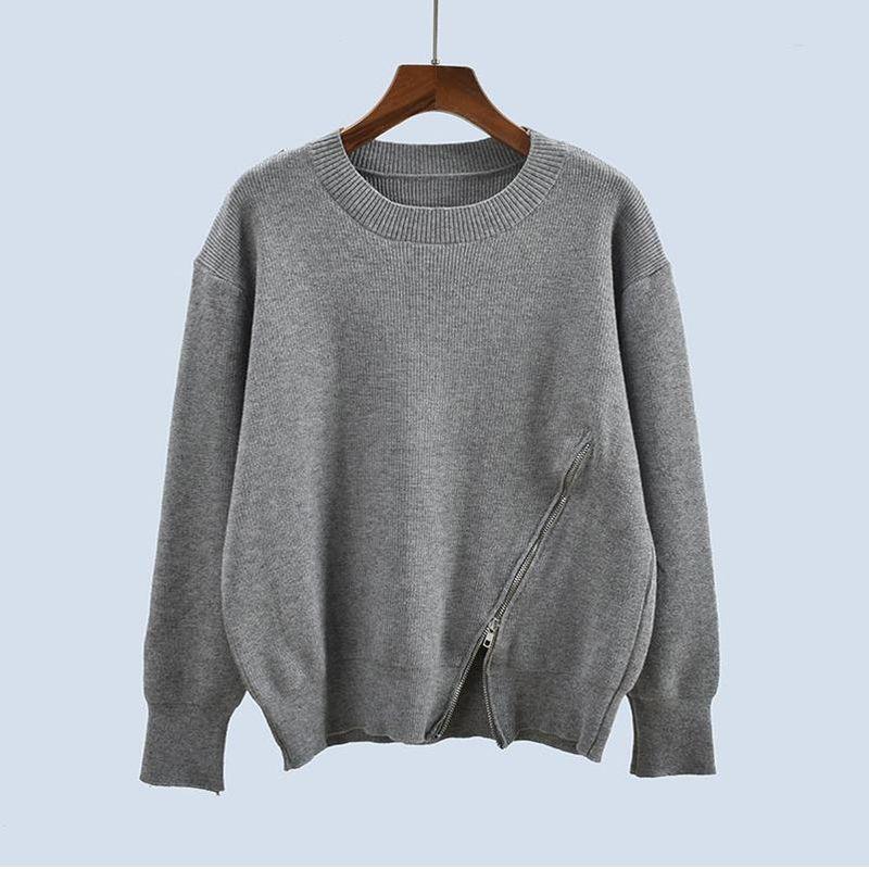 Round Neck Side Loose Zip Long Sleeves Autumn and Winter Knitting Sweater Pullover Bottoming Shirt Asymmetrical Women's Clothing Tops