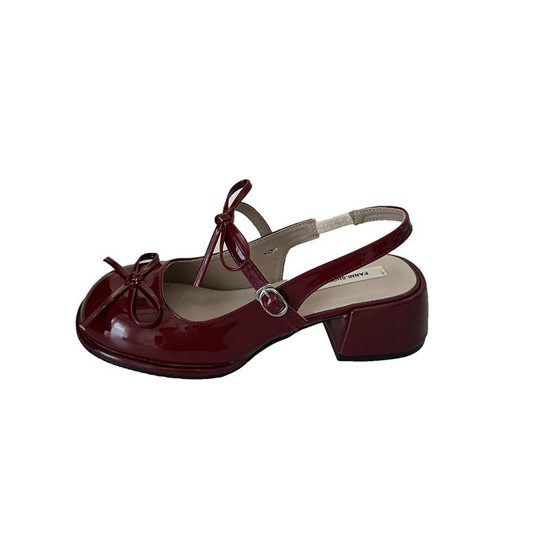 French Exquisite Sweet Bow Square Head Thick Heel High Heels Women's 2025 Summer Bag Head Roman Sandals Empty Shoes