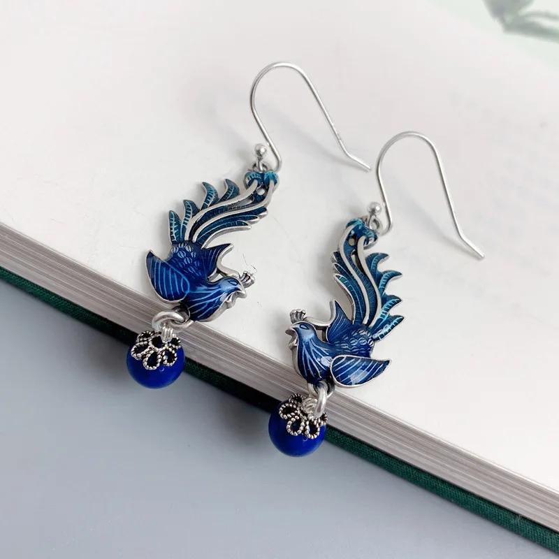 Blue Enamel Phoenix Tassel Earrings For Women Female Chinese Style Exaggerated Lapis Lazuli Earings Banquet Jewelry