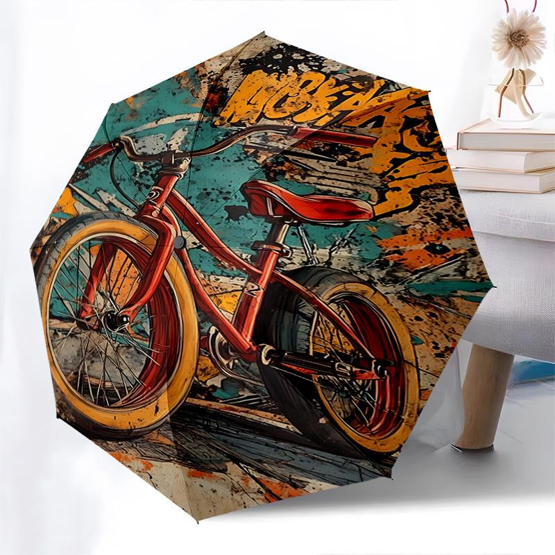 Bicycle, Graffiti Themed Automatic Opening and Closing Umbrella, Brightly Colored 8-rib Portable Umbrella, Suitable for Men and Women, A Per
