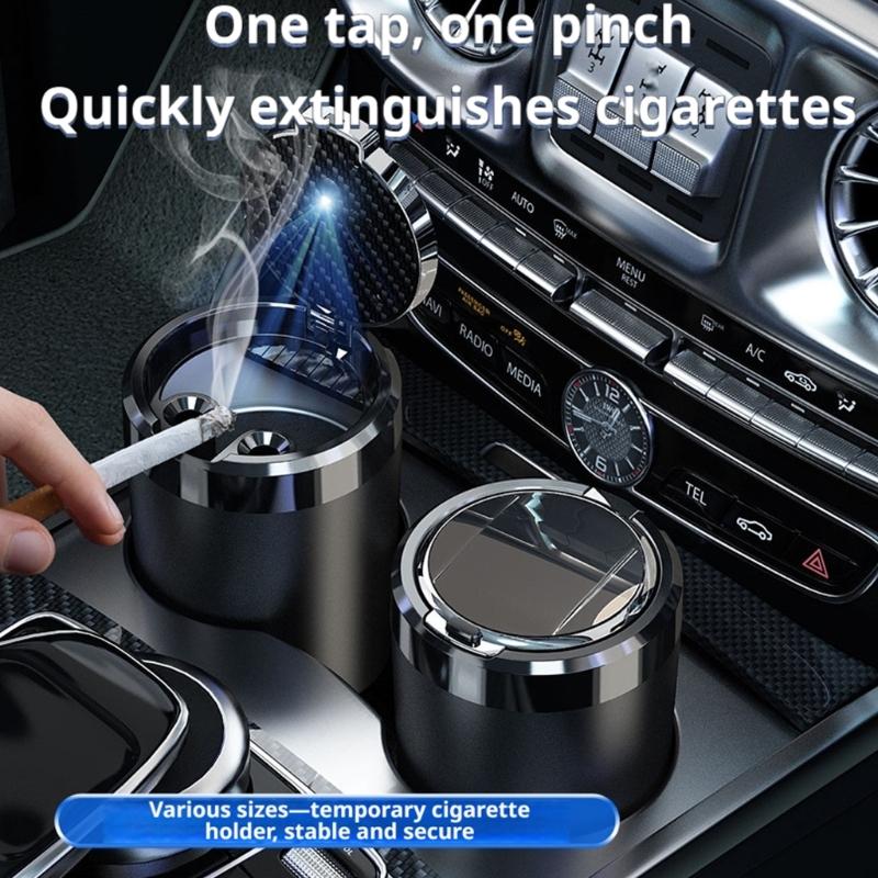 LED Auto Ashtray with Covered Press Lid and Metal Cup, Detachable Design for Car Use in Dim Indoor Rooms