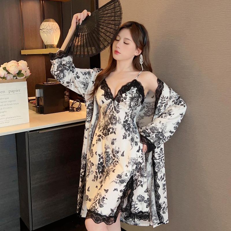 New ice silk pajamas female sexy with chest pads spring and summer lace pure desire wind with chest pads suspender two-piece set home