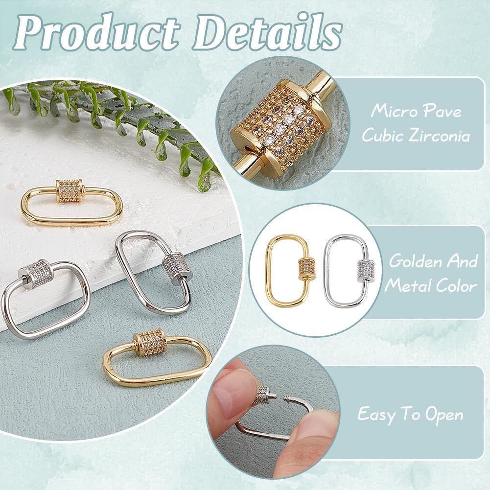 PH PandaHall 2 Colors 4pcs Oval Screw Lock Charms 18K Gold Plated Carabiner Lock Clip Micro Pave Cubic Screw Necklace Link Connector Golden Snap