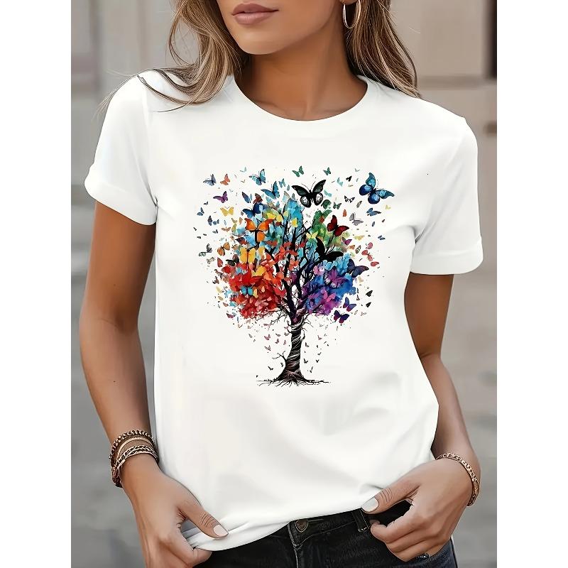 Camiseta Casual Feminina Europeia com Estampa de Árvore e Borboletas - Design Vibrante em Blocos de Cor, Gola Redonda, Corte Regular, Lavável à Máquina, Top para Todas as Estações