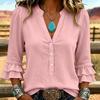 Women's V-Neck Button Front Three-Quarter Sleeve Blouse Color