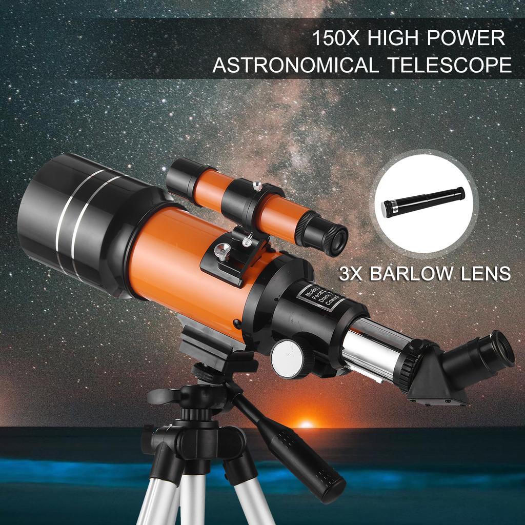 70mm Astronomical Telescope 150X High Power Monocular Telescope Refractor Spotting Scope with 5*24 Finder Scope Tripod Moon Filter 3X Barlow Lens for