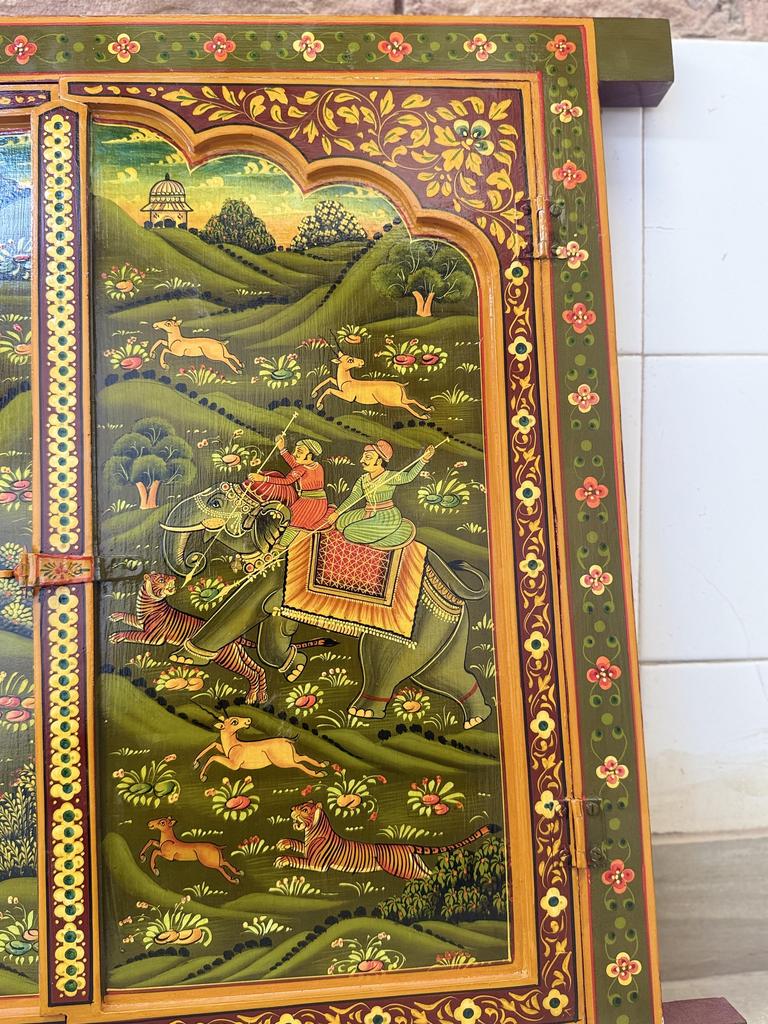 Handmade Wooden Jharokha Wall Hanging: Royal Hunting Scene, Festival Decor Frame
