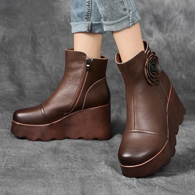 Fashion Top quality 8CM Women Winter Warm Plush Boots National Style Flower Retro Handmade Wedges Height Increasing Platform Ankle Boots