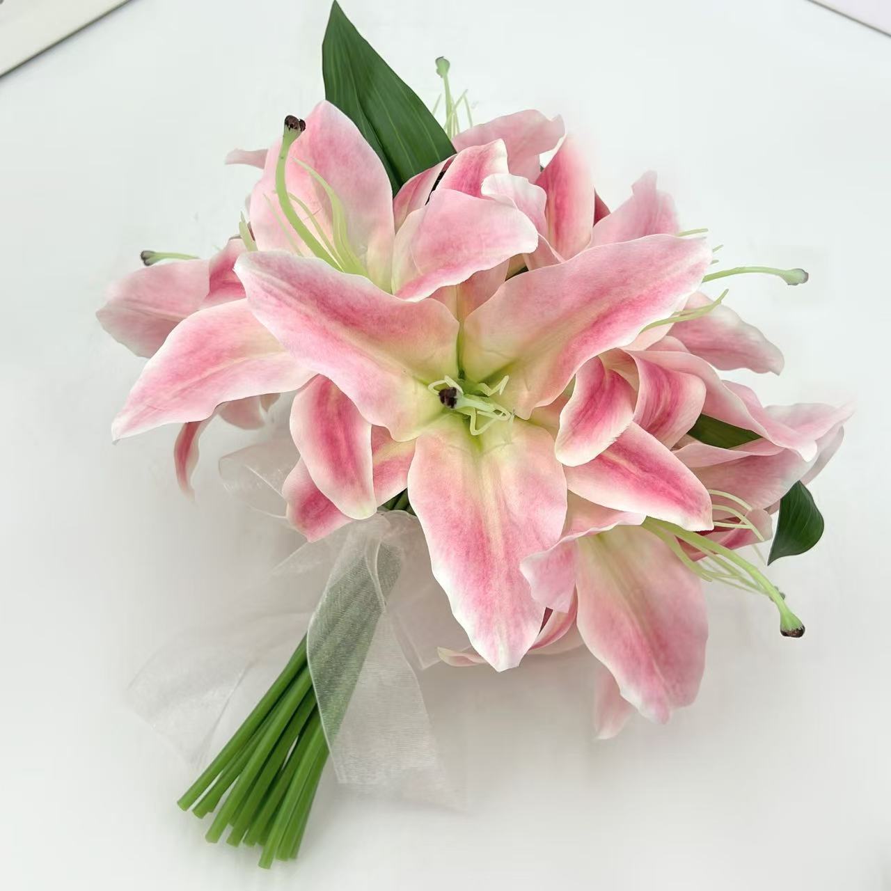 Artificial Orange Tiger Lily Bouquet, Faux Lily Flowers with Green Leaves, Fake Lilies for Home Vase & Wedding Decor