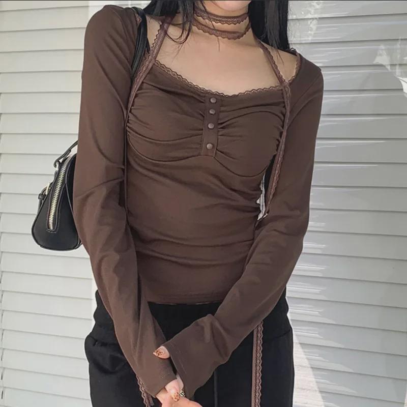 "Pure Lace Spliced Pleated Square Collar T-Shirt"