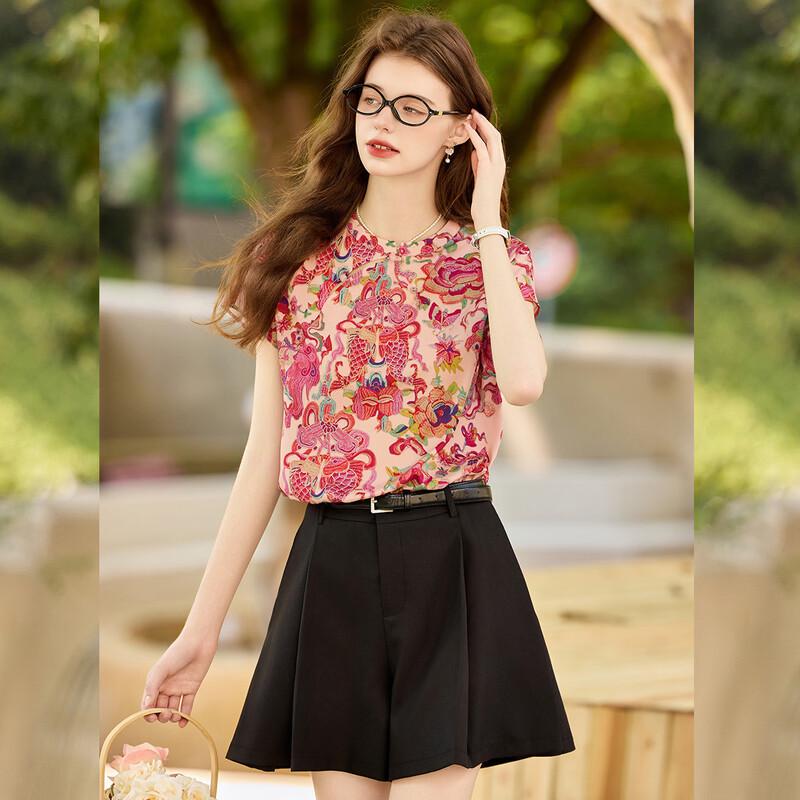 Bailuyu Chinese Style Print Short Sleeve Shirt M