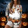 Women's Halloween Print V-Neck Button Casual Blouse - Three-Quarter Sleeves - Cotton Linen Fabric for Fall and Party Wear