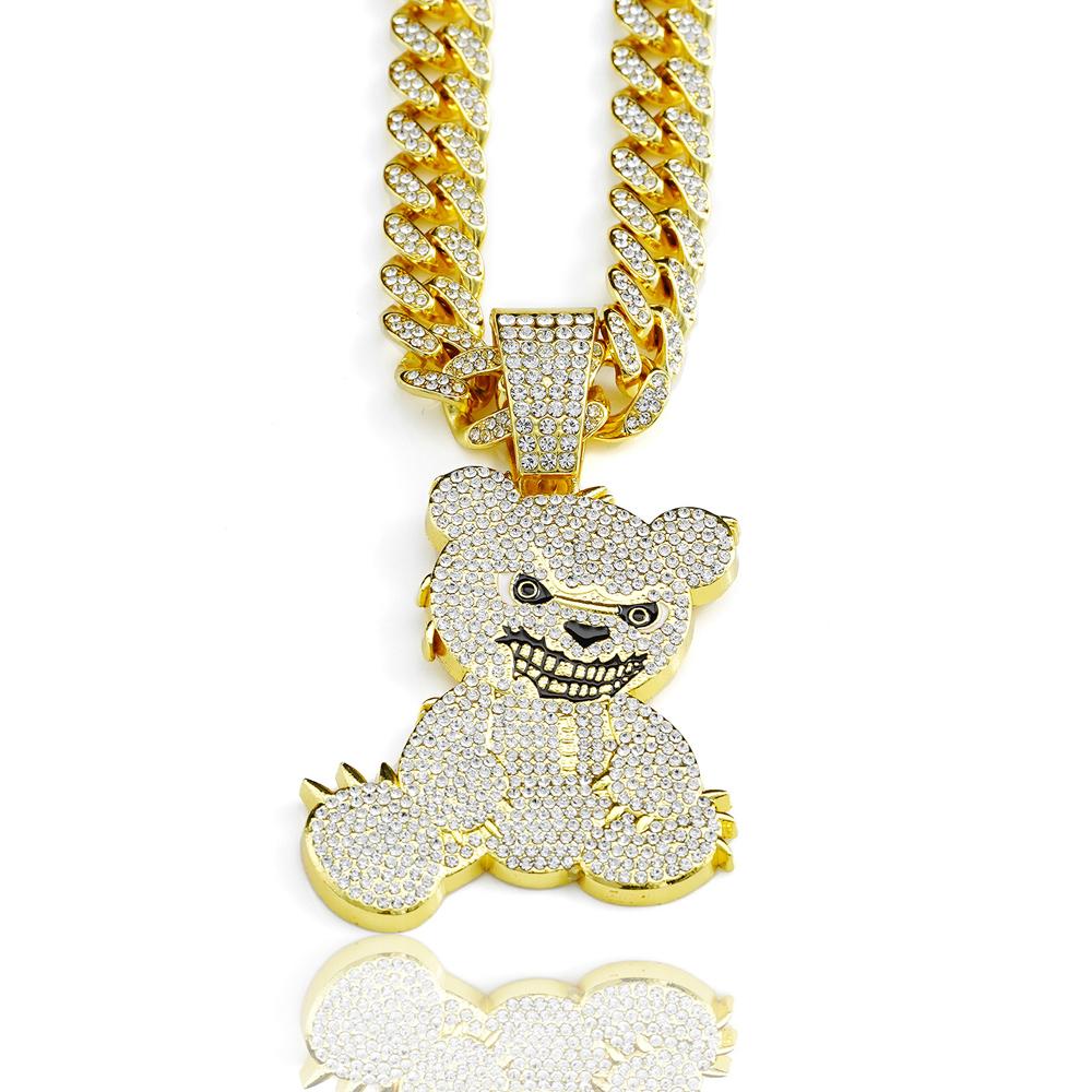 Hip Hop Aggressive Bear Pendants Necklaces with Miami Cuban Link Chain Brown Bear Men's Women Choker Collar Jewelry Accessories