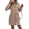 Women's Casual Solid Color Corduroy Shirt Dress with Belt - Long-Sleeve, Single-Breasted