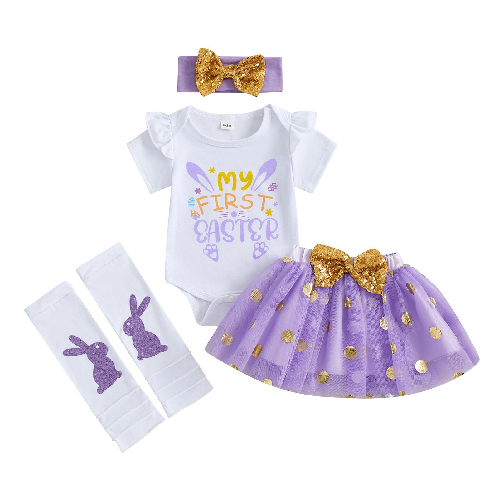 

Детский пасхальный наряд для девочки, комбинезон с длинными рукавами и зайчиком, юбка в золотой горошек из тюля, повязка на голову с бантом, гетры, весенний комплект 0-3 Months фиолетовый