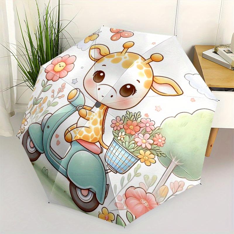

1pc Cute Giraffe Riding a Bike Automatic Opening and Closing Folding - A Good Choice for Gifts, Fashionable and Convenient Umbrella With Cute Cartoon