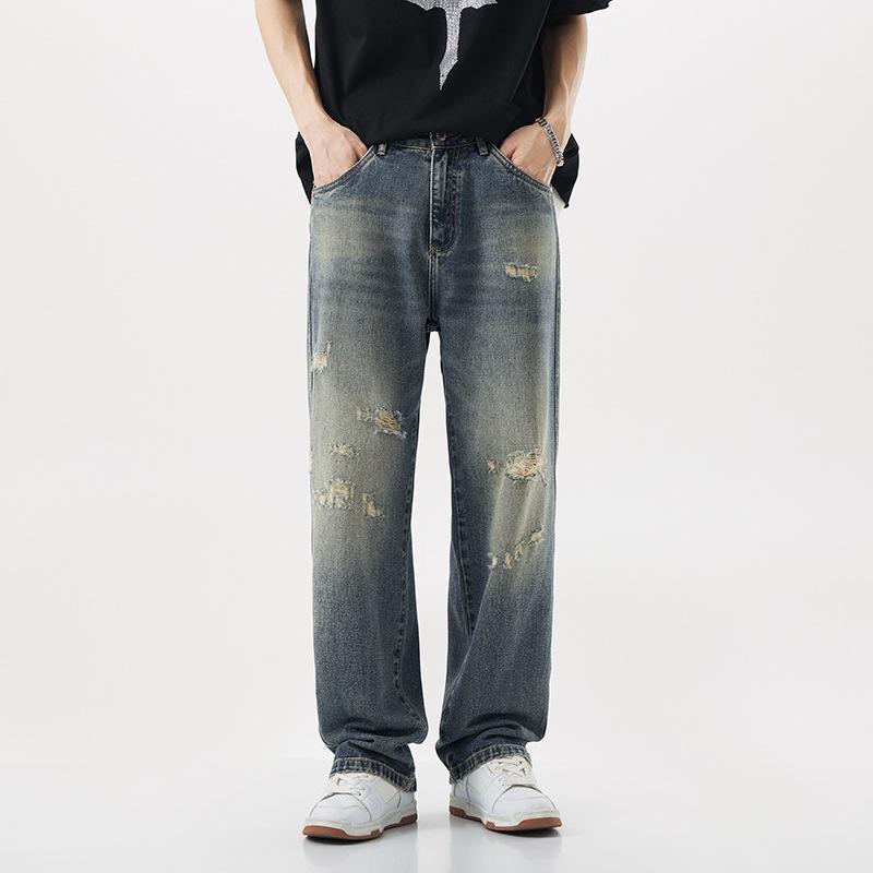 Rotten hole jeans men's summer retro loose wash American ripped hole high street straight wide leg casual trousers men