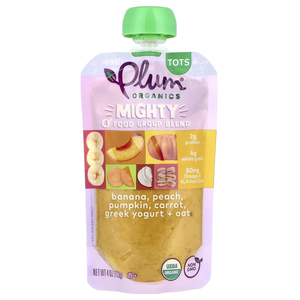 Plum Organics, Baby, Mighty 4, 4 Food Group Blend, Banana, Peach, Pumpkin, Carrot, Greek Yogurt, Oats, 4 oz (113 g)