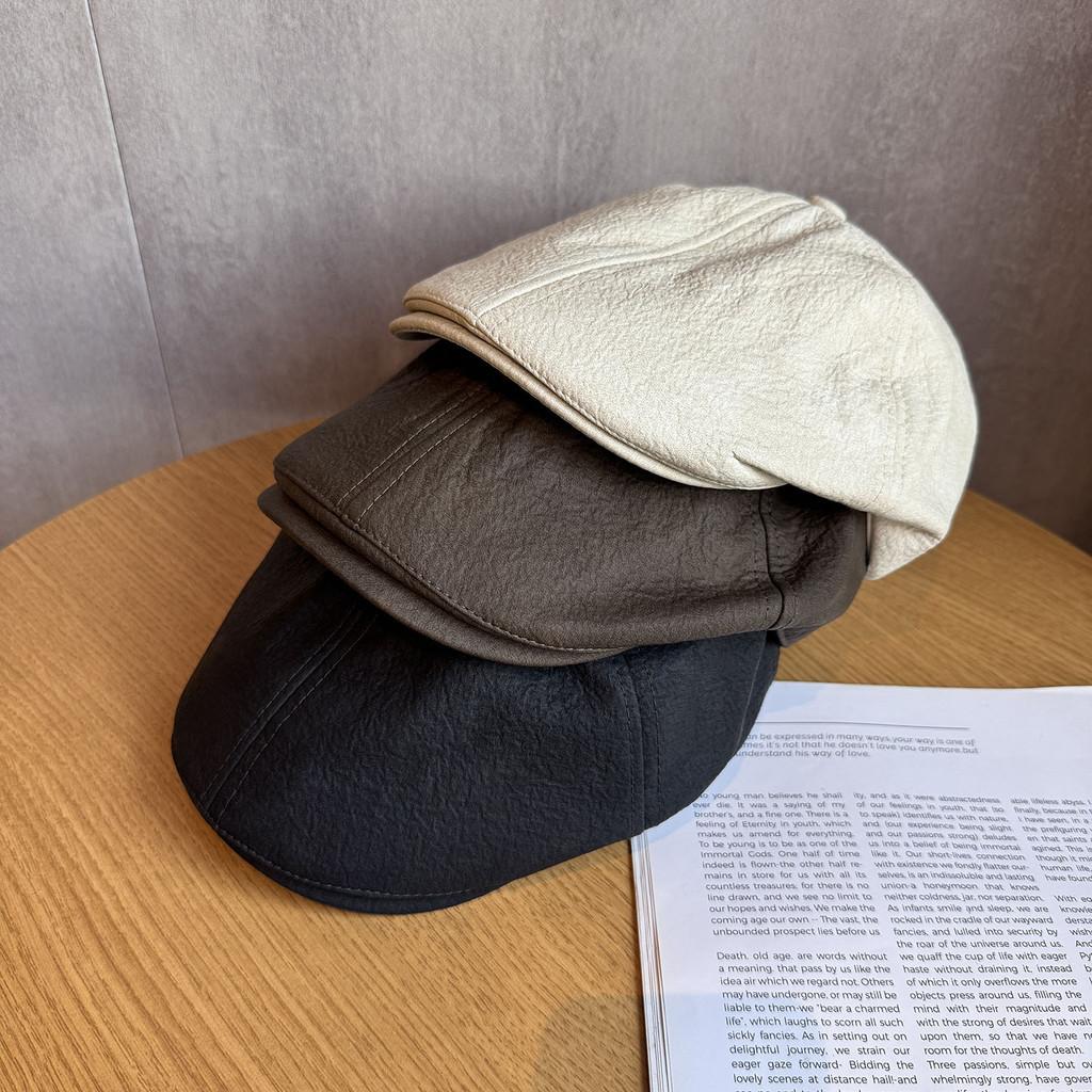 Color Solid Fashion Retro Leather Cap Women Autumn Spring Protection Sunlight