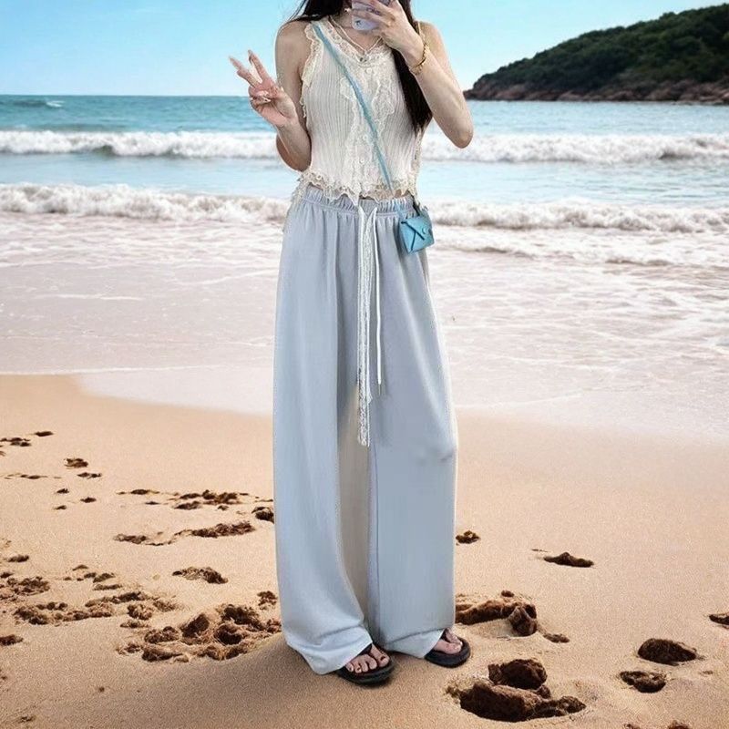 

Women s Blue Straight-Leg Pants with Lace Drawstring | Elastic Waist Drape Loose Casual Trousers for Summer-Autumn XL