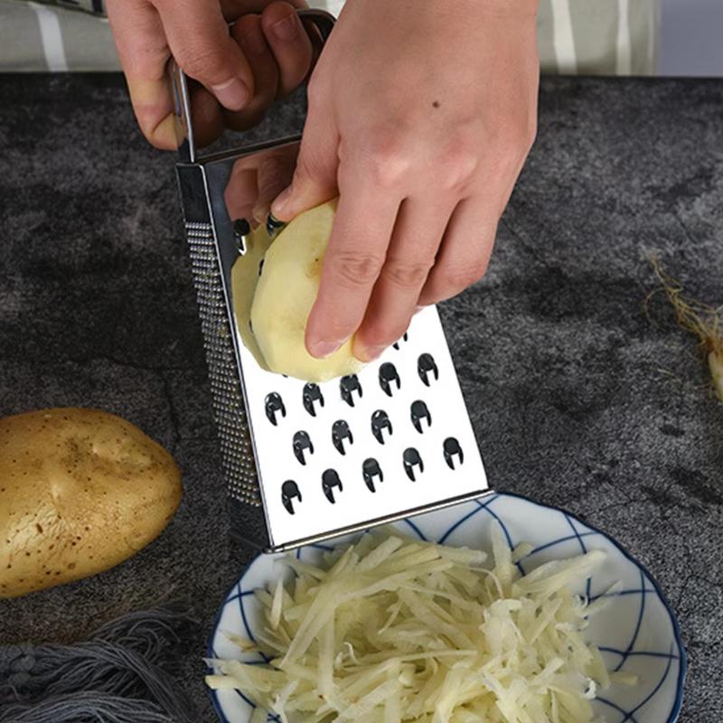 Edelstahl-Reibe Multifunktional Verdickter Edelstahl-Gemüseschneider Vierseitige Kartoffelschneide mit Handschutz