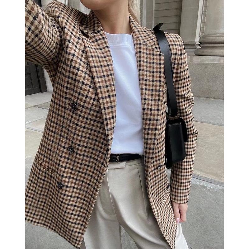 Women Plaid Blazer Autumn Winter Long Sleeve Double Breasted Checked Coat Formal Jacket Suit Lady Outerwear