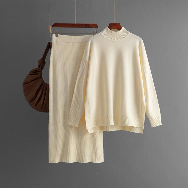 2 Pieces Knit Sets Women Maxi Skirt Tracksuits Winter Warm Turtleneck Sweater Ladies Long Skirt Two Pieces Sweater Sets