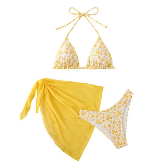 3-tlg./Set Damen Blumenmuster Bikini-Set Neckholder Gepolstert Ohne Bügel BH Schnelltrocknend Badehose Unifarben Überwurf Rock Set Sommer Strandmode