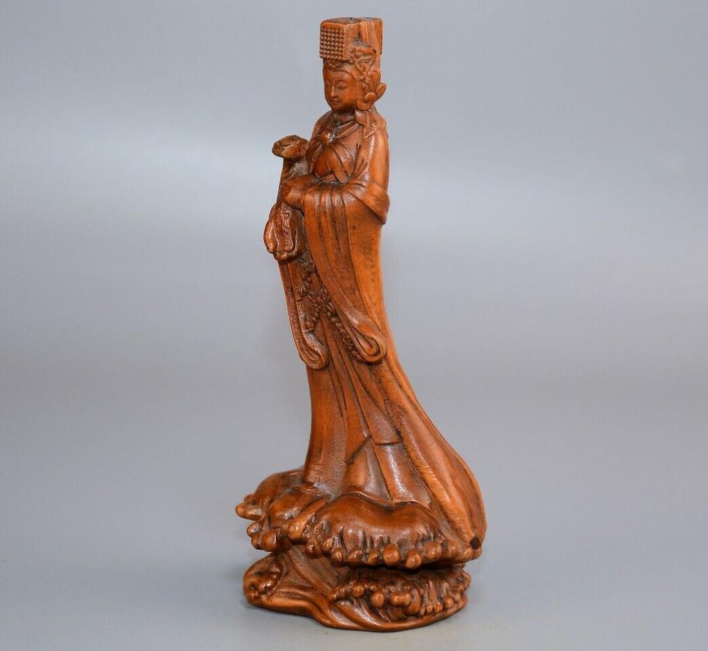 Chinese Natural Boxwood Carved Mazu Figure Statue Wooden Sculpture Home Decor
