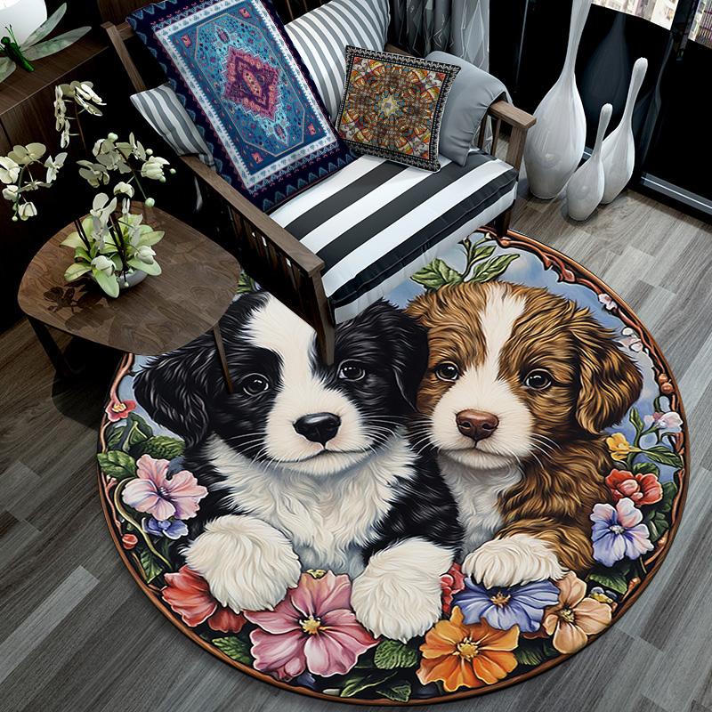Two Cute Puppies Round Area Rug,Carpet Rug for Living Room Bedroom Sofa Playroom Decor,Non-slip Floor Mat