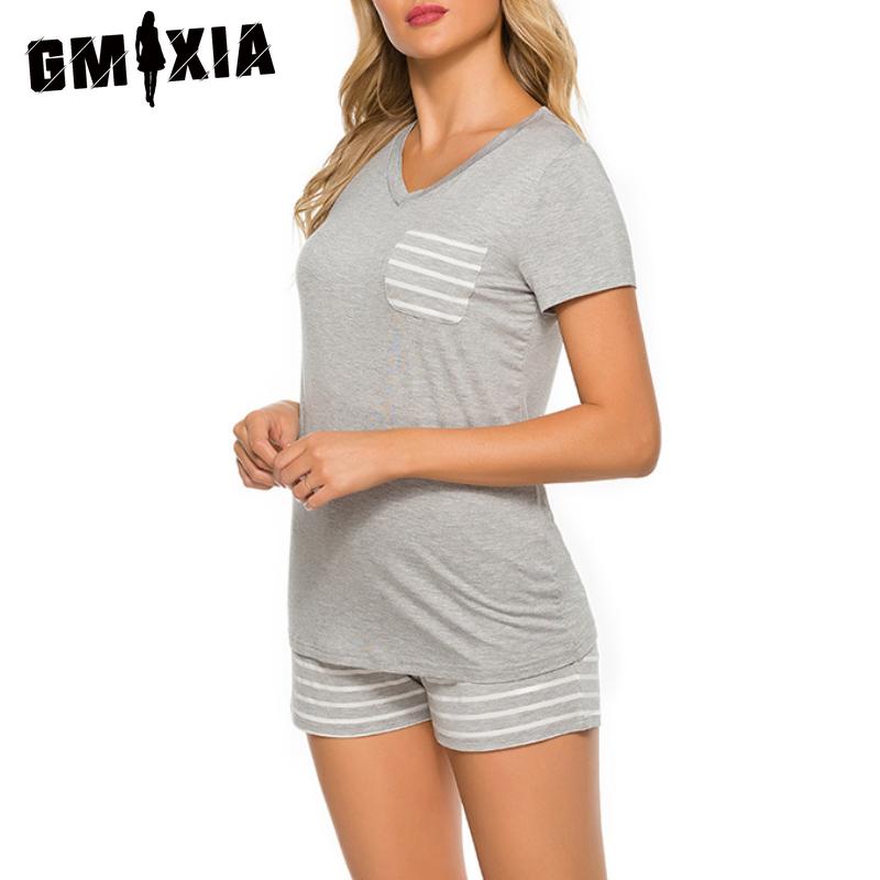 GMXIA Spring and Summer Pajamas Striped V-neck Short-sleeved Shorts Two-piece Suit Loungewear