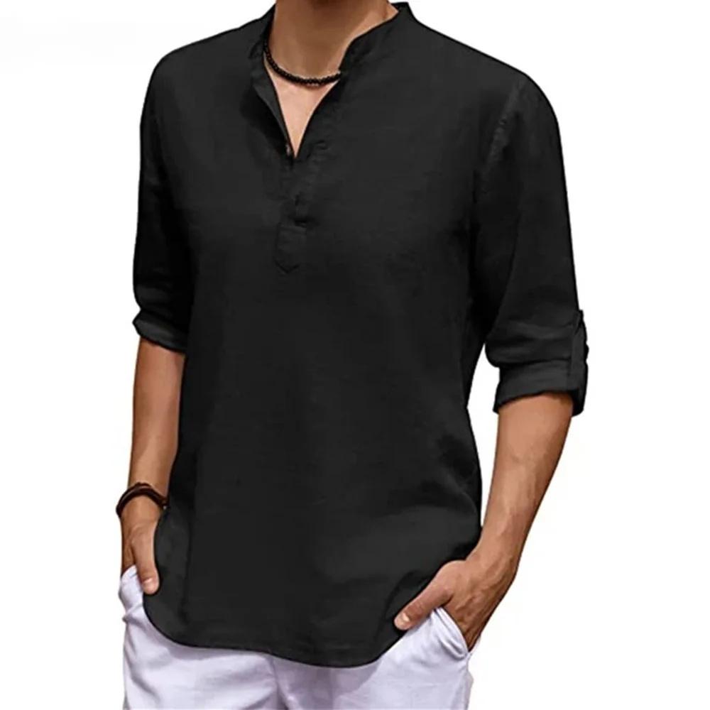 Men's Casual Shirts Solid Color Soft Comfortable Thin Tops Breathable Loose Fashion Button Henry Neck Long Sleeve Blouse