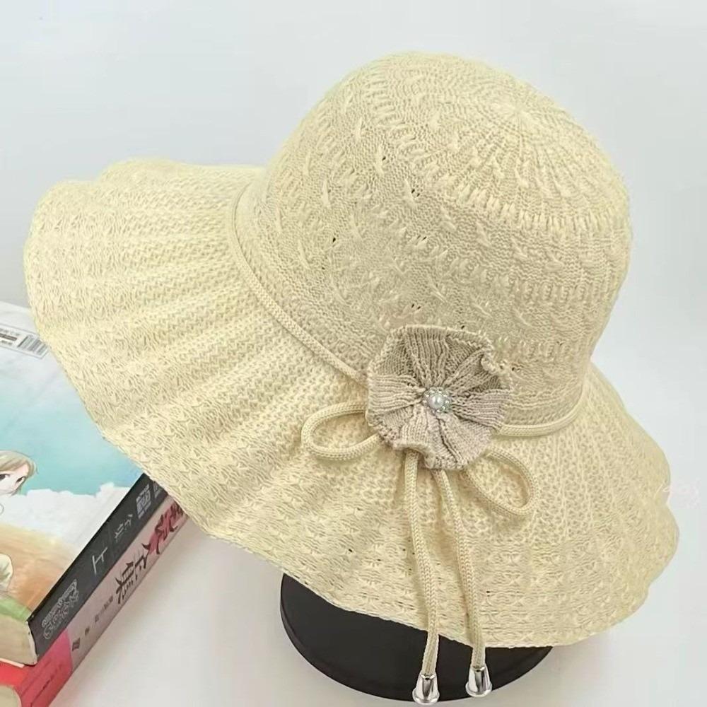 

Korean Fashion UV Protection Summer Sun Hat Breathable Bowknot Floral Beach Cap French Style Flower Wide Brim Hat Daily Wearing бежевий