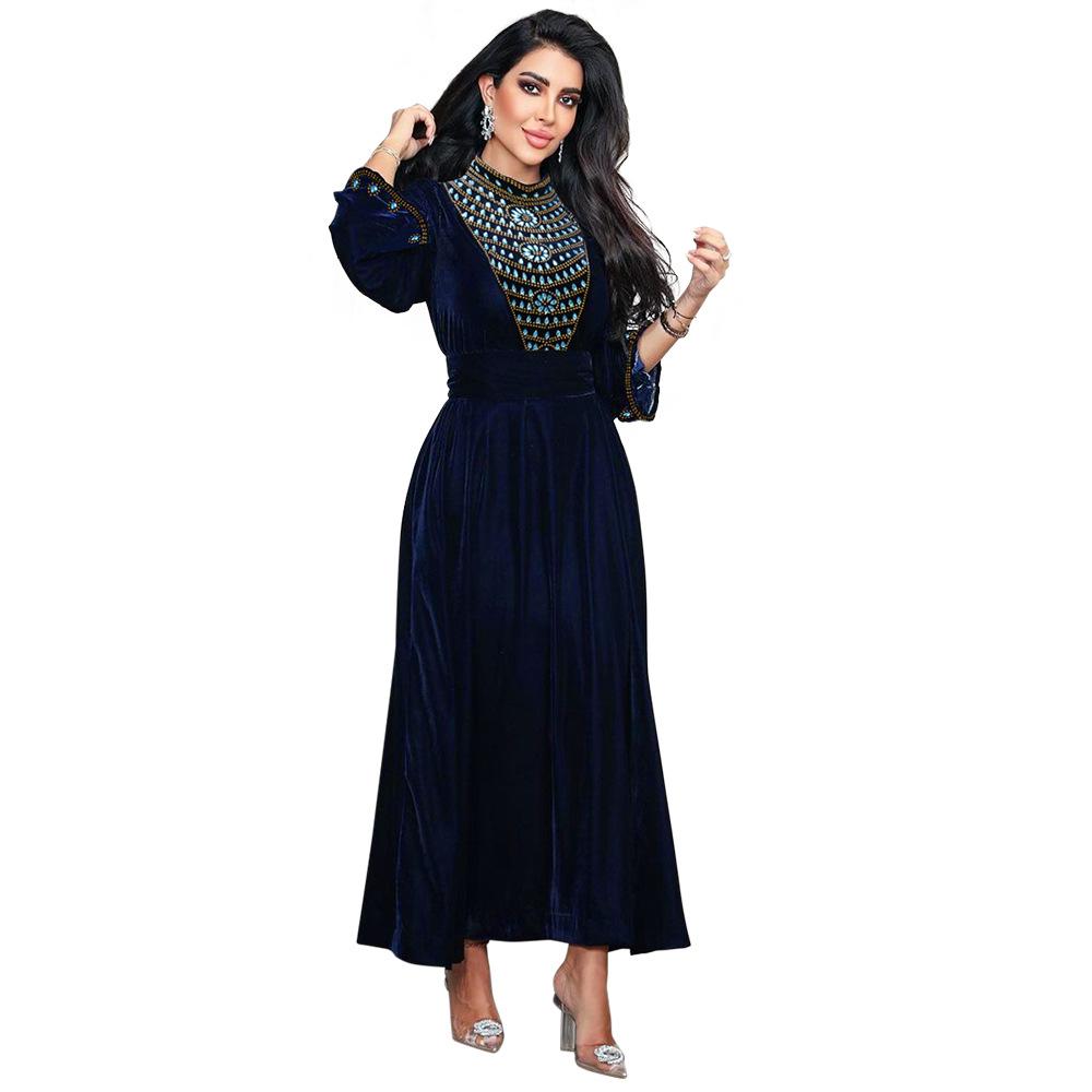 Women's Blue Water Drop Rhinestone Suede Evening Gown Robe