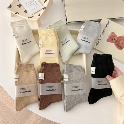 Women Cotton Knitted Long Socks Korean Fashion Solid Color Black White Gray Middle Tube Socks Autumn Winter Women Socks