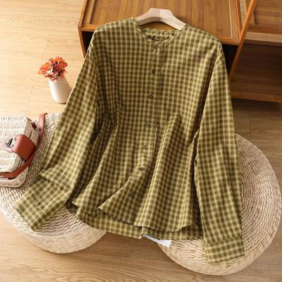 Literarisch Retro Mode Lässig Kariertes Langarmhemd Damen Herbst Locker Rundhals Cardigan