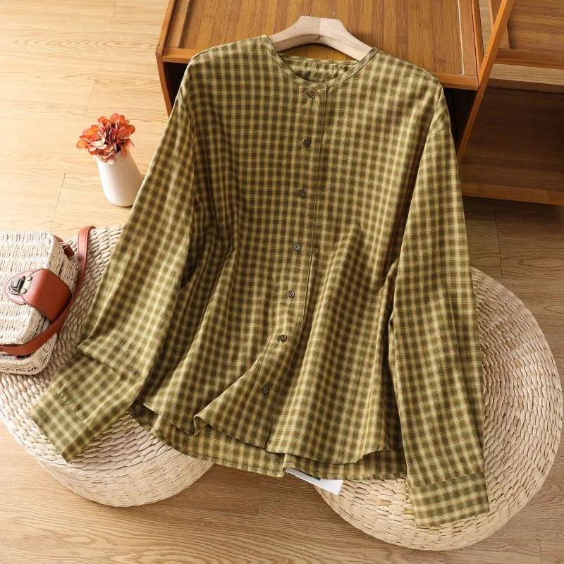 

Literary Retro Fashion Casual Plaid Long Sleeved Shirt Women Autumn Loose Round Neck Cardigan 2XL зелений