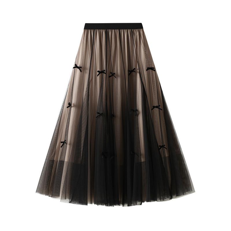 Qooth Bow Tulle Skirt Flowy A-Line Mid-Length Skirt Soft Fairy Aesthetic QT2793