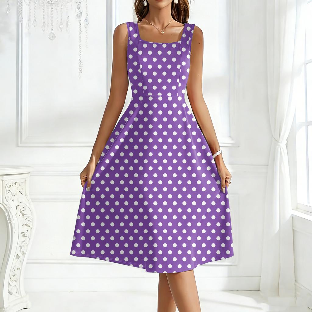 Women's Square-Neck Sleeveless Polka Dot Maxi Dress