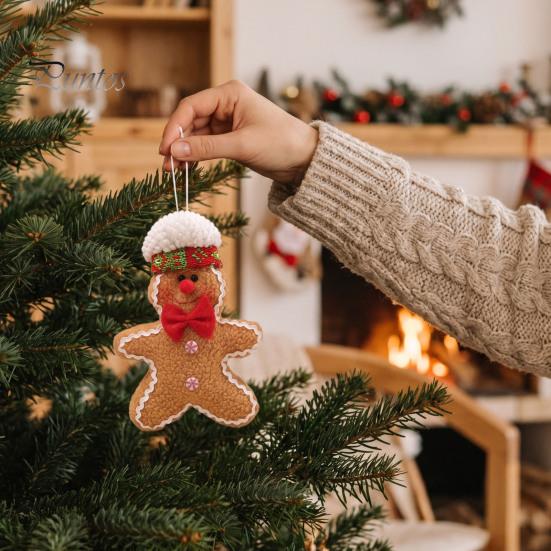 Cute Christmas Party Favors Gingerbread Man Pendant, Non-woven Fabric Hanging Ornament with Lanyard Holiday Gift for Tree Decoration, Festive
