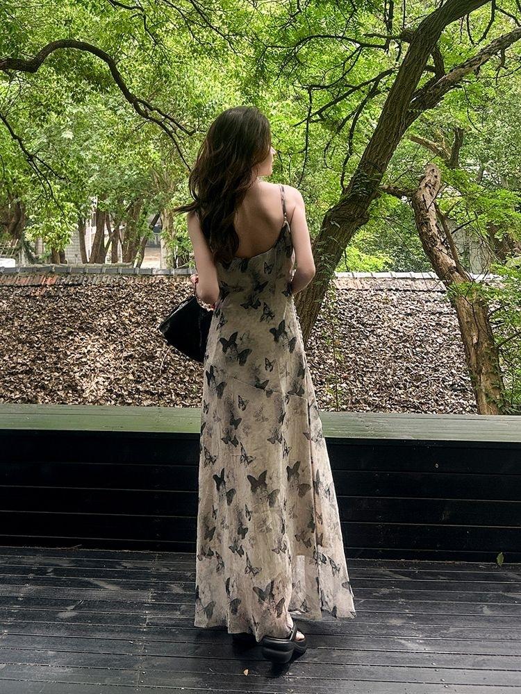 New Chinese ink butterfly printing suspender dress femininity long skirt 2026 summer new