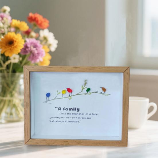 Handmade Sea Glass Decoration with Wooden Frame Rainbow Bird Family Seaglass Wall Art Decoration Framed Sea Glass Friendship Artwork Ornament