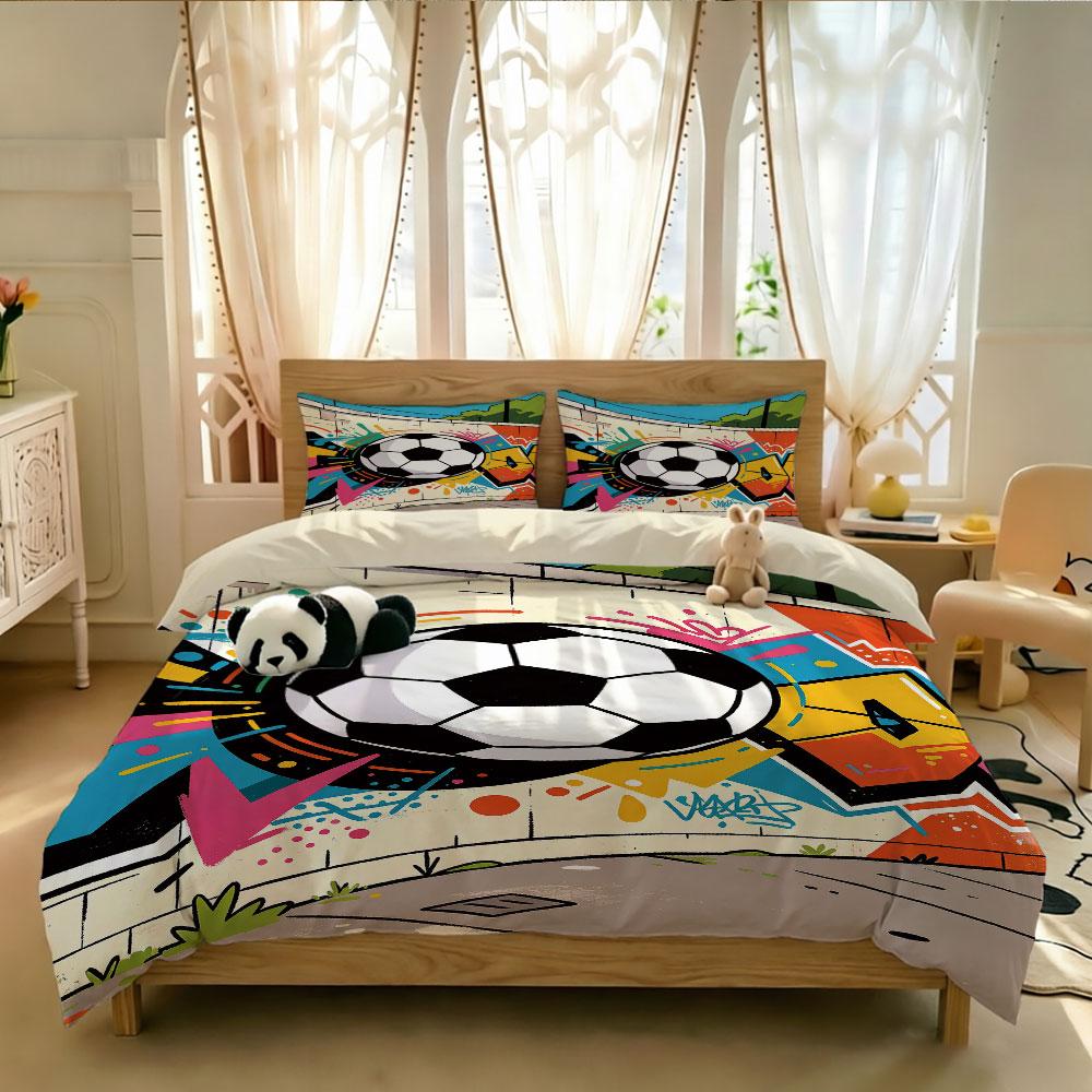 3Pcs Graffiti Style Football Print Coreless Down Duvet Cover Cool Summer Lightweight Bedding Set Multi Size Bedding Decoration