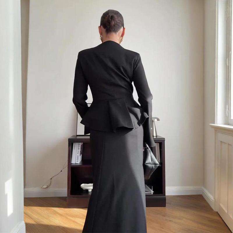 Women's Solid Color Bodycon Long Skirt Set with Long Sleeve Mock Neck Top