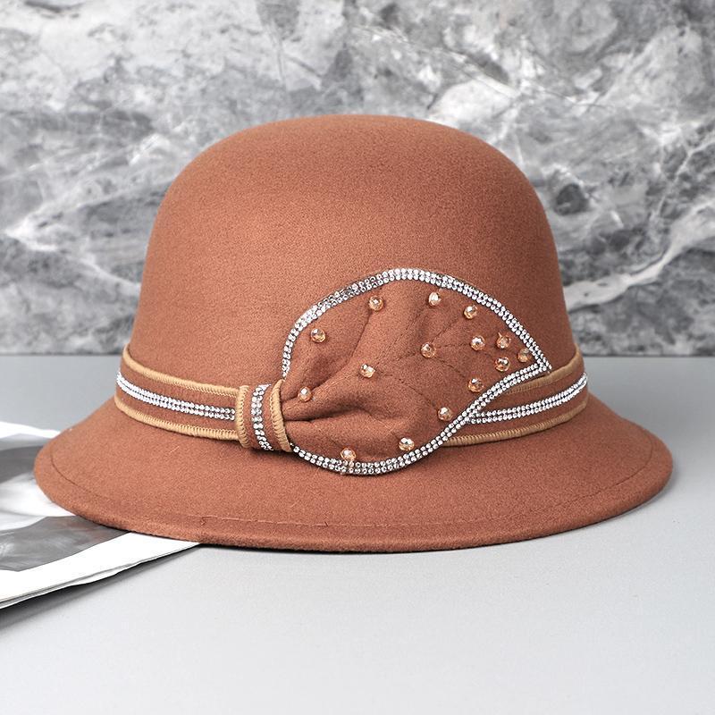 Casual Dome Short Brim Basin Hat Women's Diamond Bucket Hat Autumn and Winter Woolen Top Hat Women's British Style