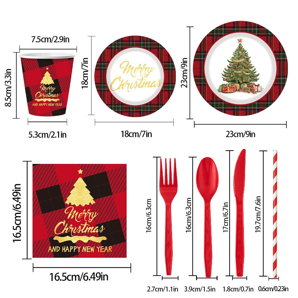 Christmas Party Tableware Set Plaid Printed Disposable Paper Plates Cups Napkins Holiday Party Supplies