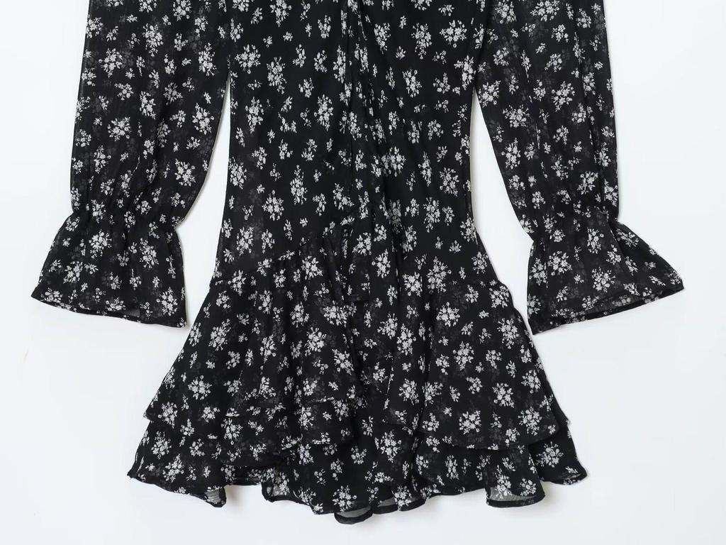 2025 Autumn/Winter European Women's Waist-Cinching Printed Long-Sleeve Dress