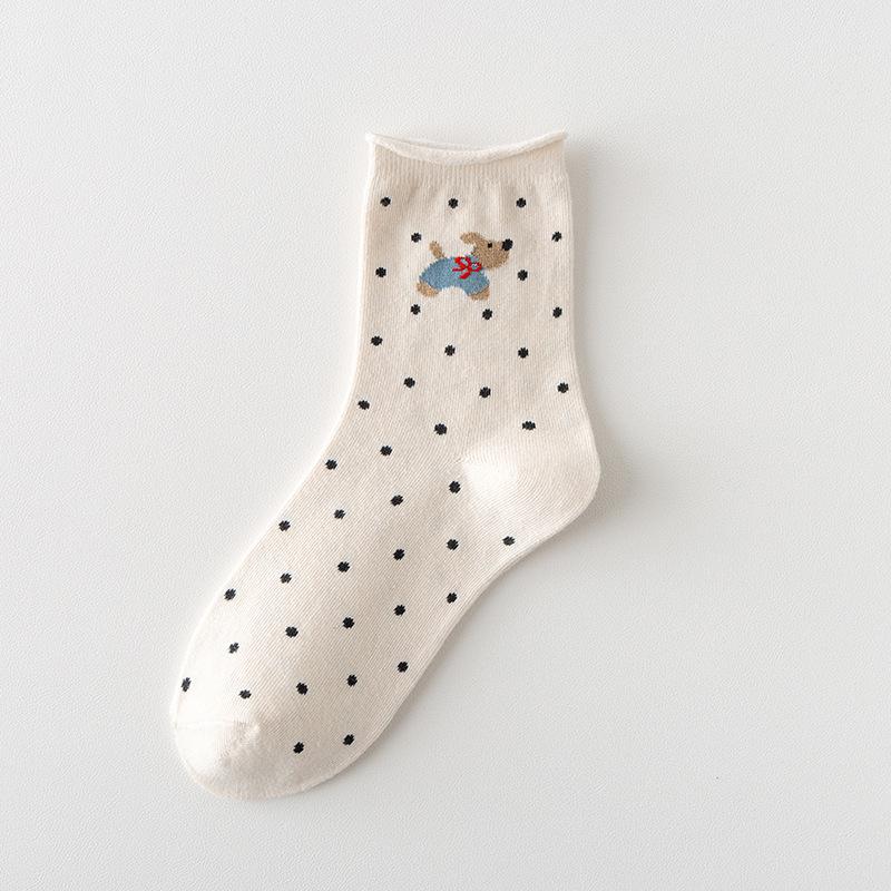 Spring and Autumn Thin Socks, Cute Cartoon Animal Mid-calf Socks, Polka Dot Rolled-up Socks, School-style Long Socks