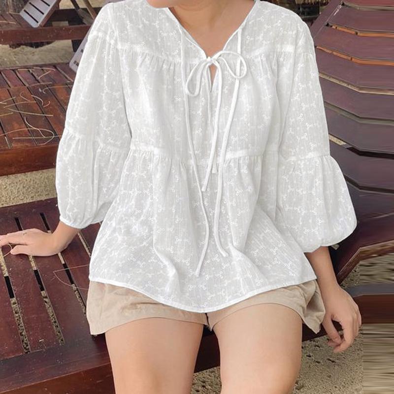 

ZANZEA Женские хлопковые блузки с V-образным вырезом и рукавом-фонариком 3/4 с кружевными ажурными вставками L белый